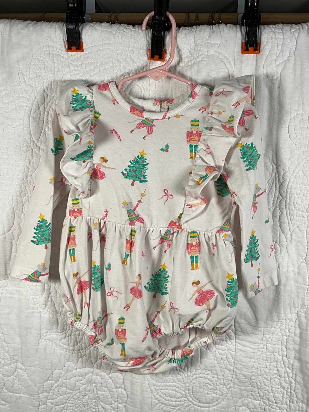 Girls Holiday Nutcracker & Tree Ruffle Romper - Cream with Green & Pink